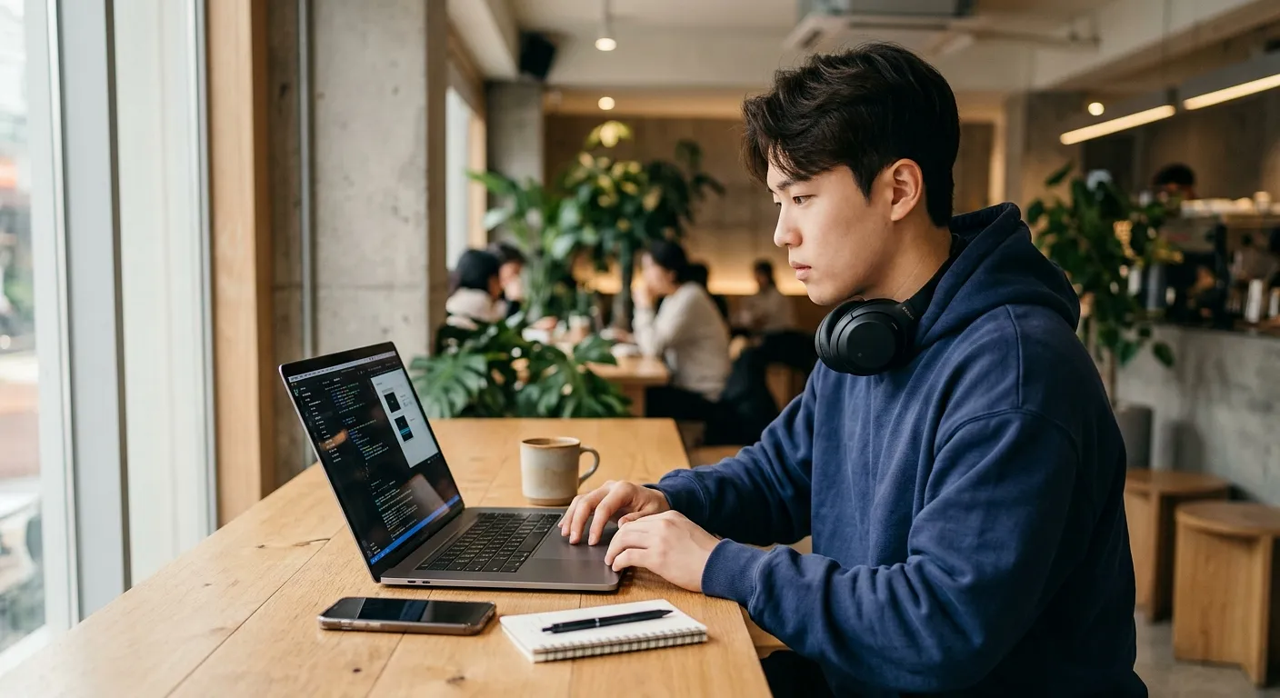 바이브 코더 남성 20대 카페에서 작업 중